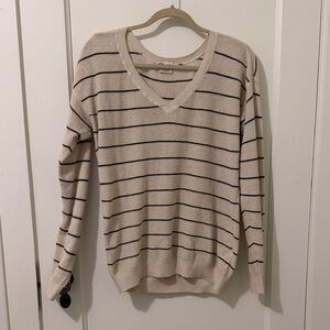 Prana Cream V-Neck Loose Sweater with Black Stripes, Size S